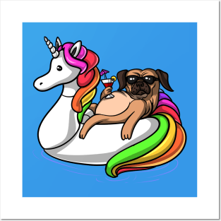 Pug Dog Riding Unicorn Float Posters and Art